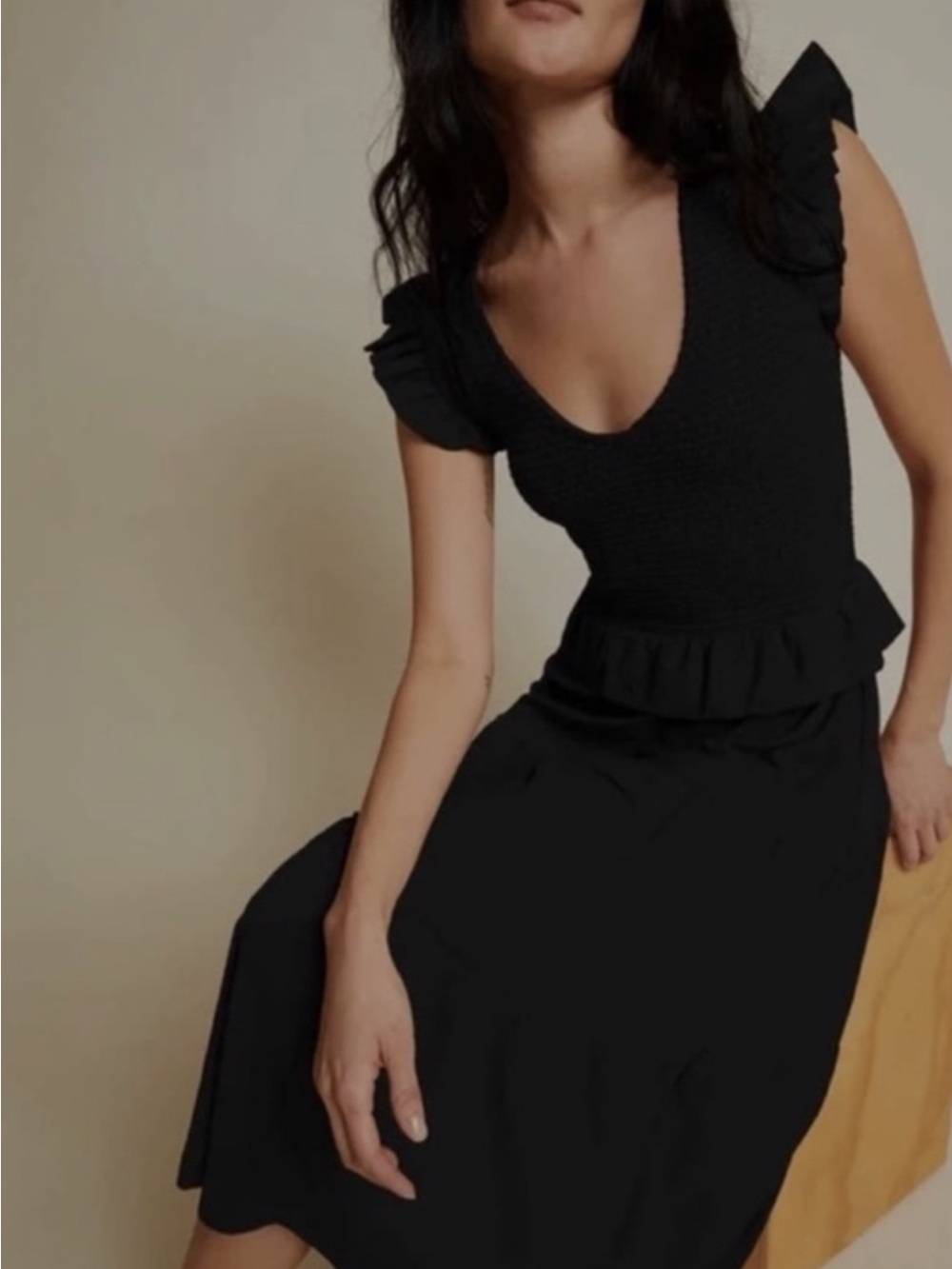 Nation LTD Fabienne Black Ruffle Sleeve Peplum Midi Dress